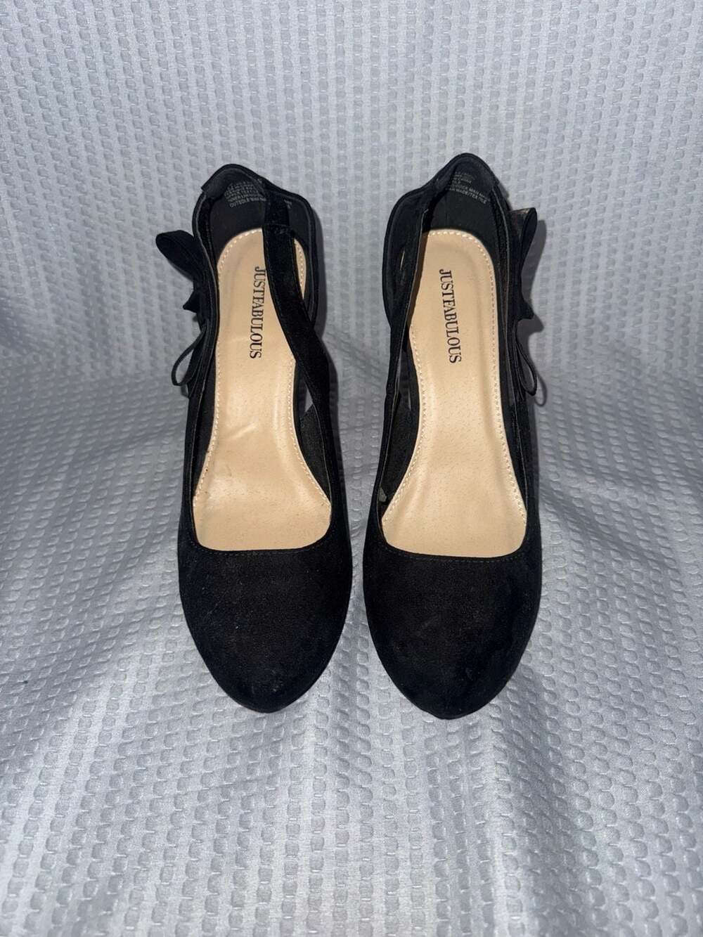 JustFabulous Black Faux Suede Pointed Toe Bow Slingback Heels